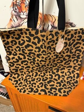 Leopard Print Canvas Tote Bag with Black Handles